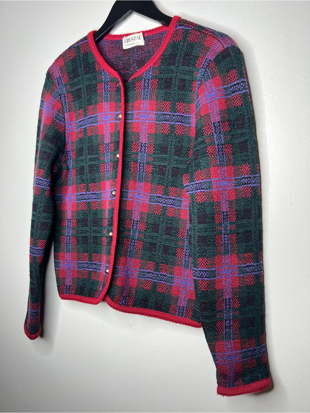 Vintage 100% Wool Cardigan Plaid Nordic Red Green Gold Buttons Size M Old Money - Picture 4 of 13